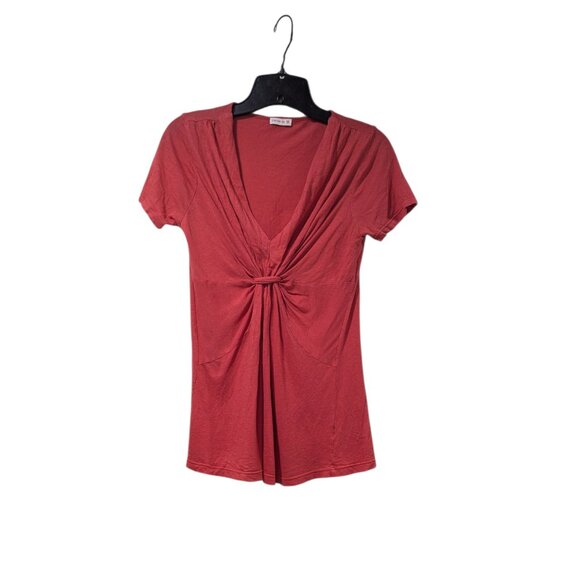 Chelsea Sky Orange Low V-Neck Scrunched Front Blouse Sz M - Picture 1 of 4